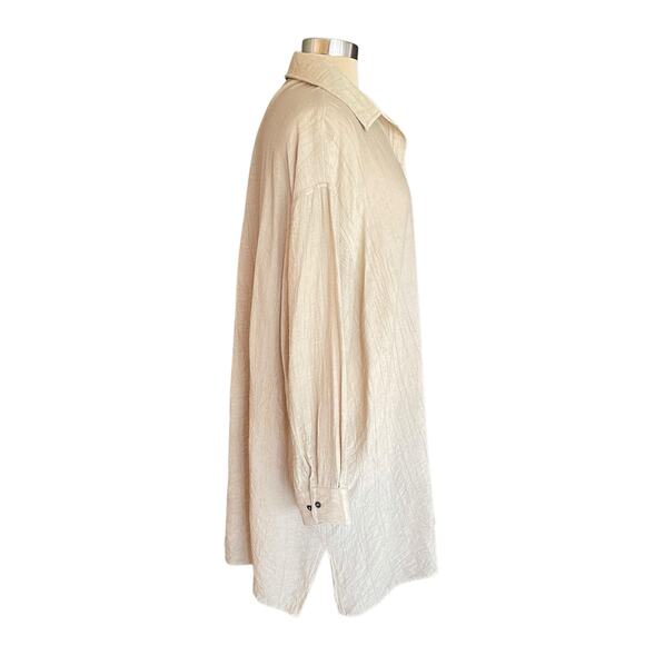J. Roberts Tan Crinkle Popover Shirt Dress Sz Medium Minimalist Neutral Casual - Picture 3 of 11